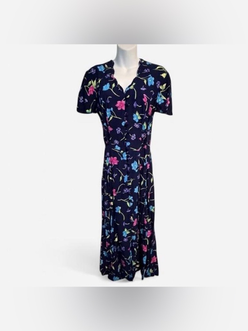 Jamie Brooke Navy Floral Maxi Dress, Button Up Front & Tie Waist, Size 6